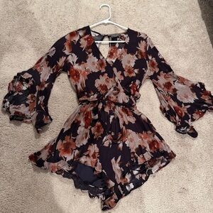Dress Forum Floral Bell Sleeve Jumpsuit - Black and Brown